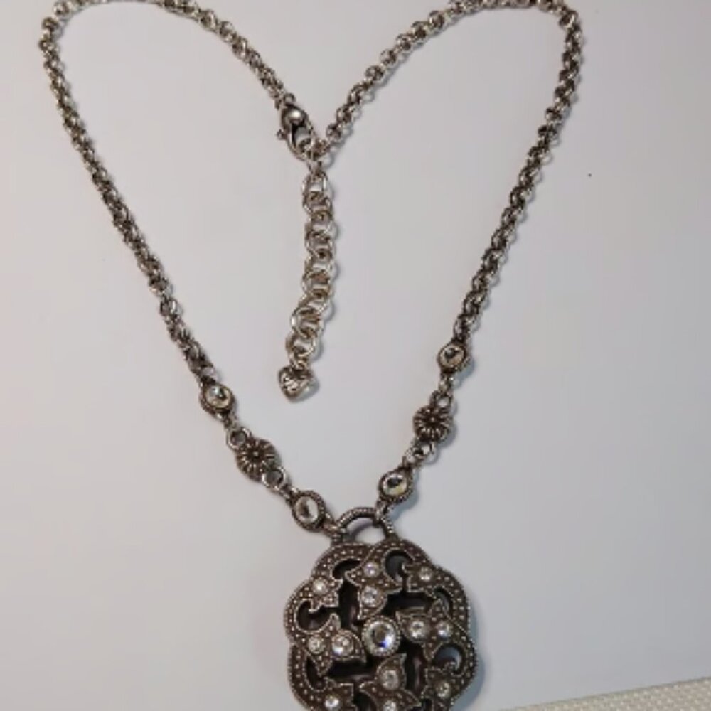 Rare Retired Brighton Reversible Crystal Medallion Necklace Silver Plated 18"